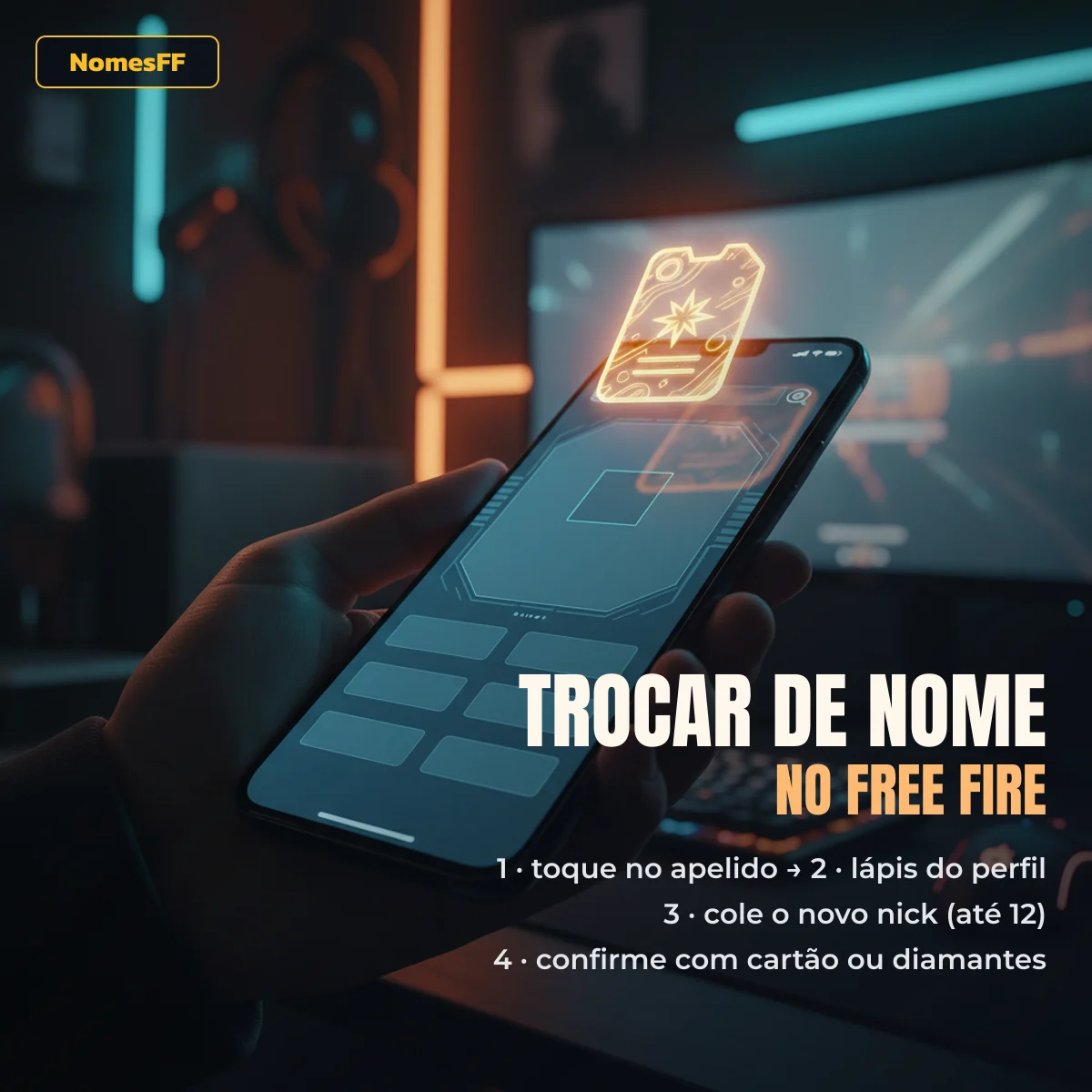 Como trocar de nome no Free Fire: toque no apelido, lápis do perfil, cole o novo nick e confirme com cartão ou diamantes